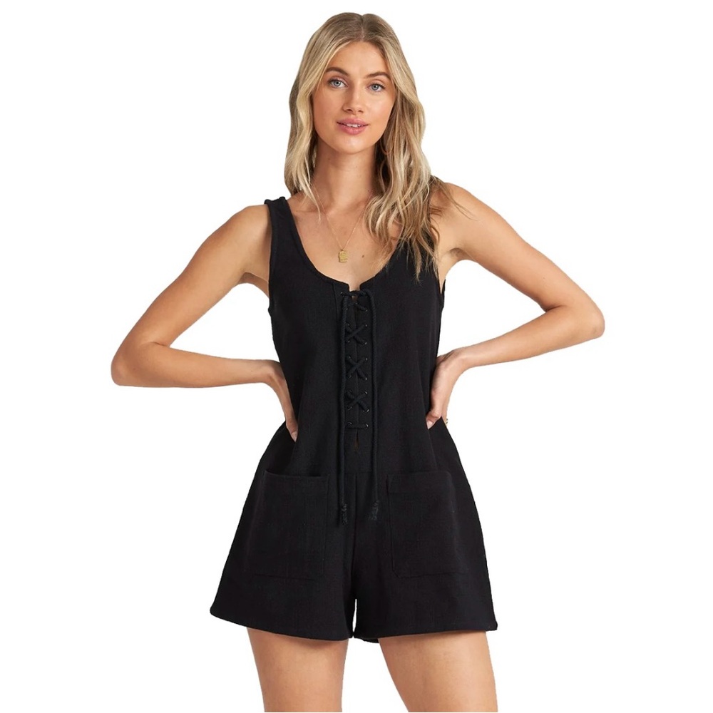 Billabong Black Lace-Up Sleeveless Romper with Pockets